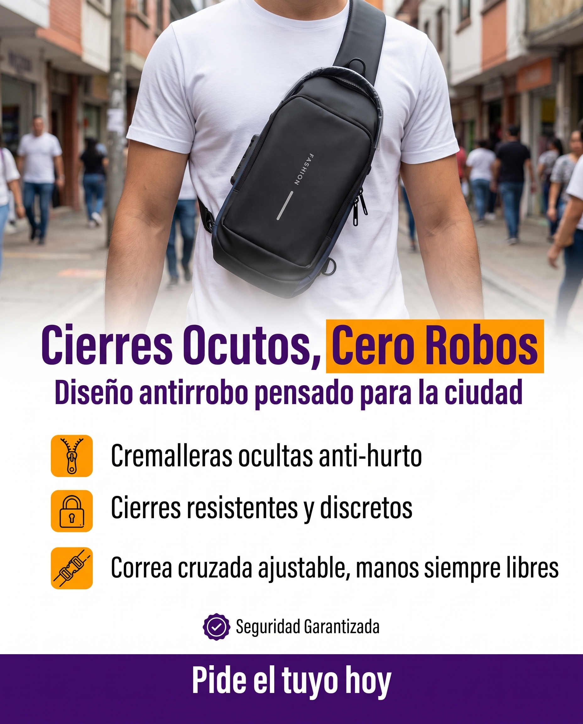 Bolso antirrobo con cierres ocultos, correa ajustable manos libres