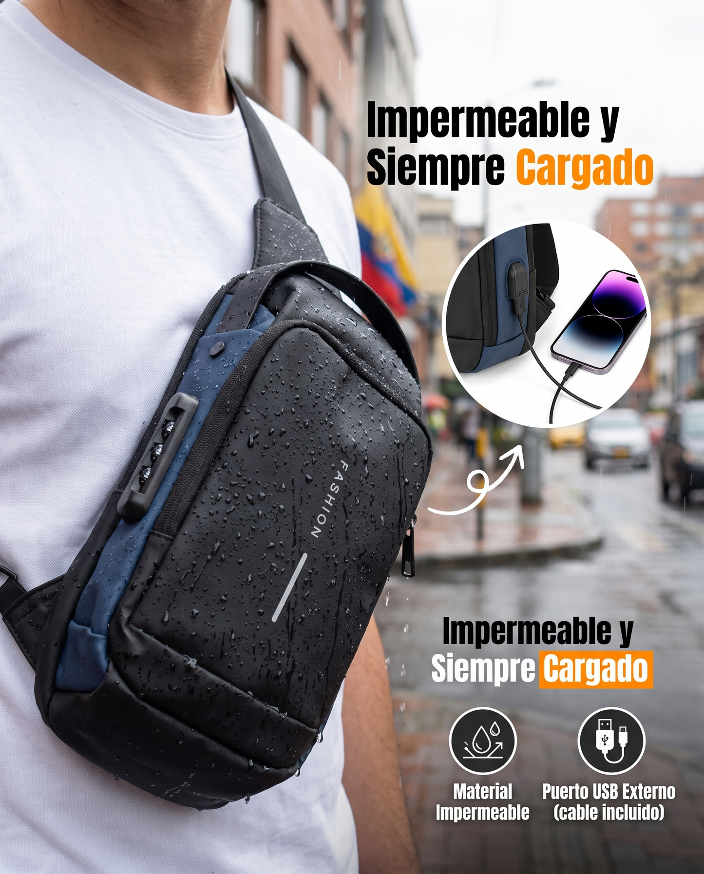 Bolso antirrobo impermeable con puerto USB externo