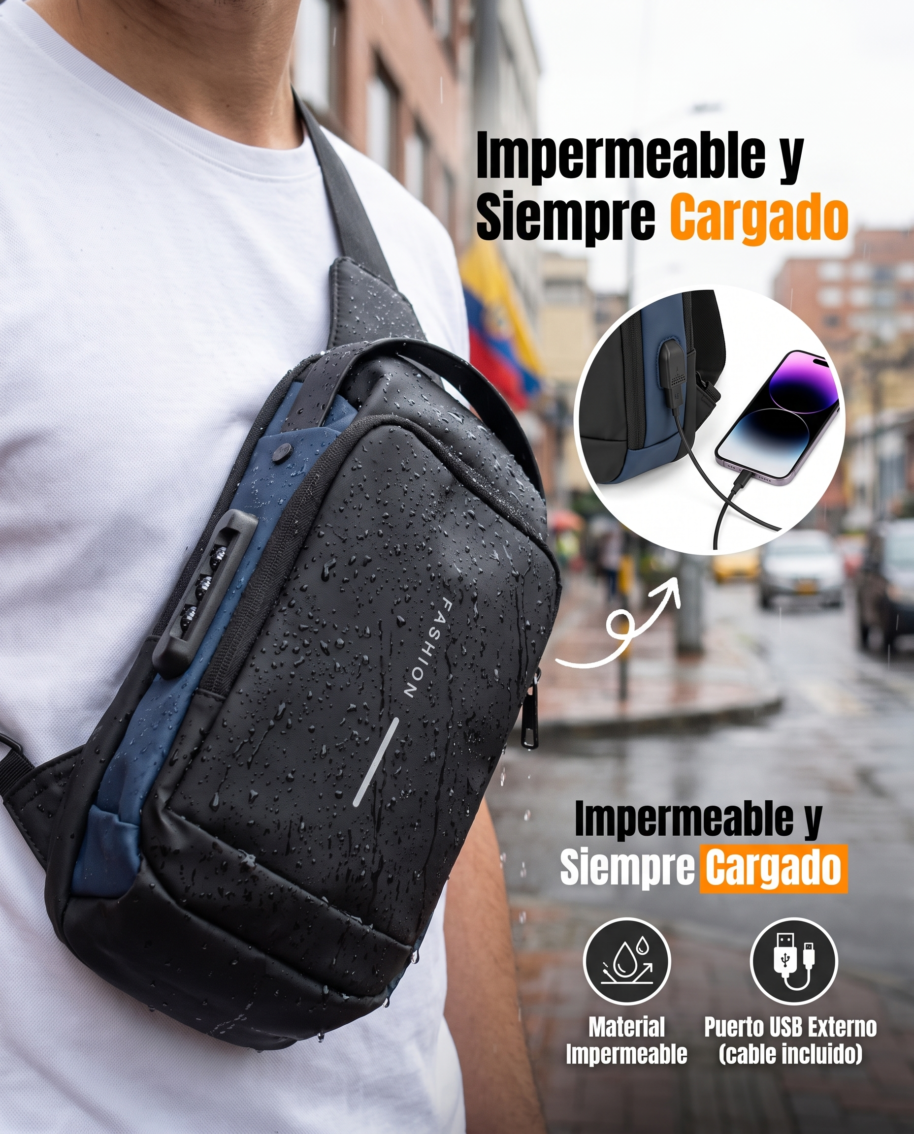 Bolso antirrobo impermeable con puerto USB externo