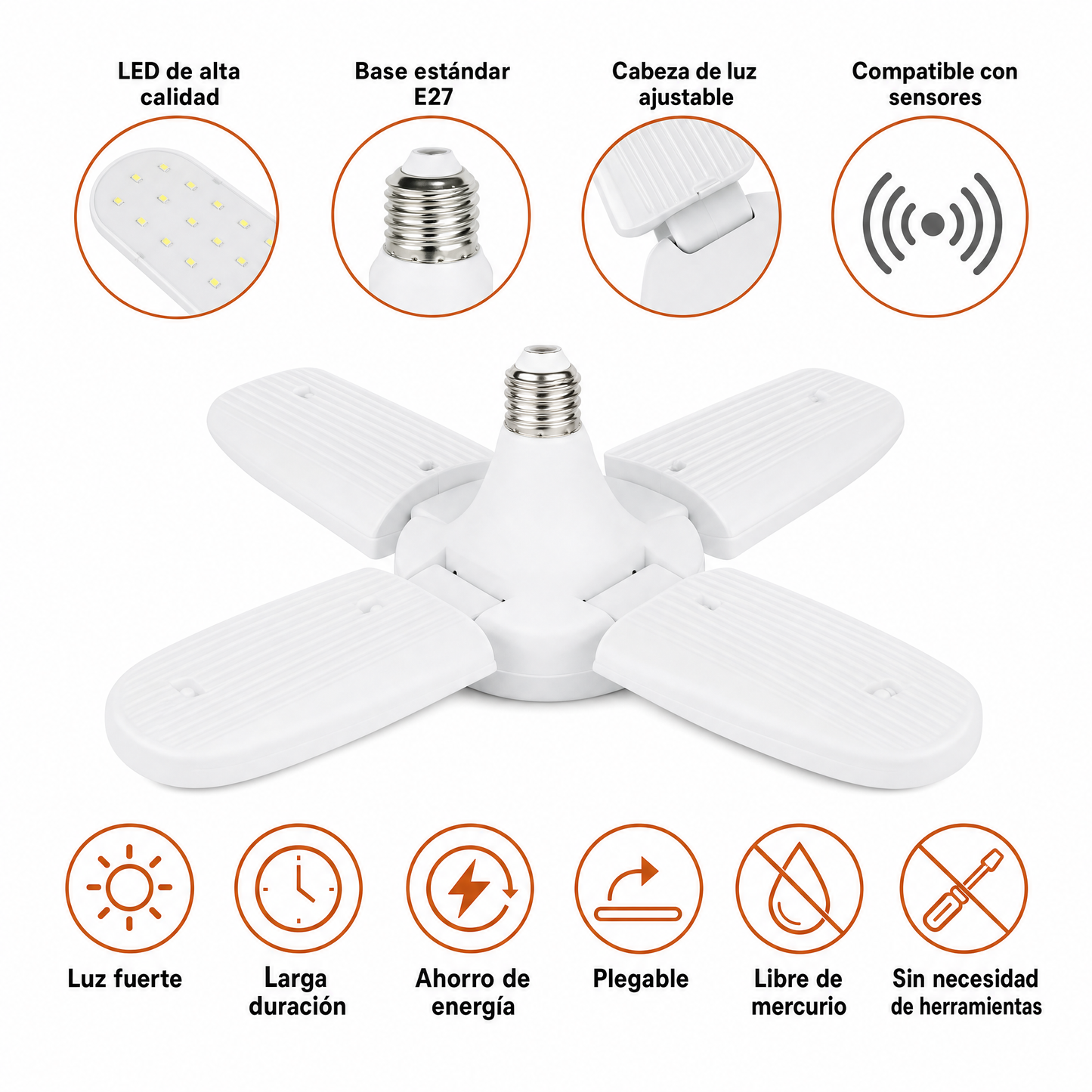 Lampara Bombillo Led 4 Aspas Desplegable