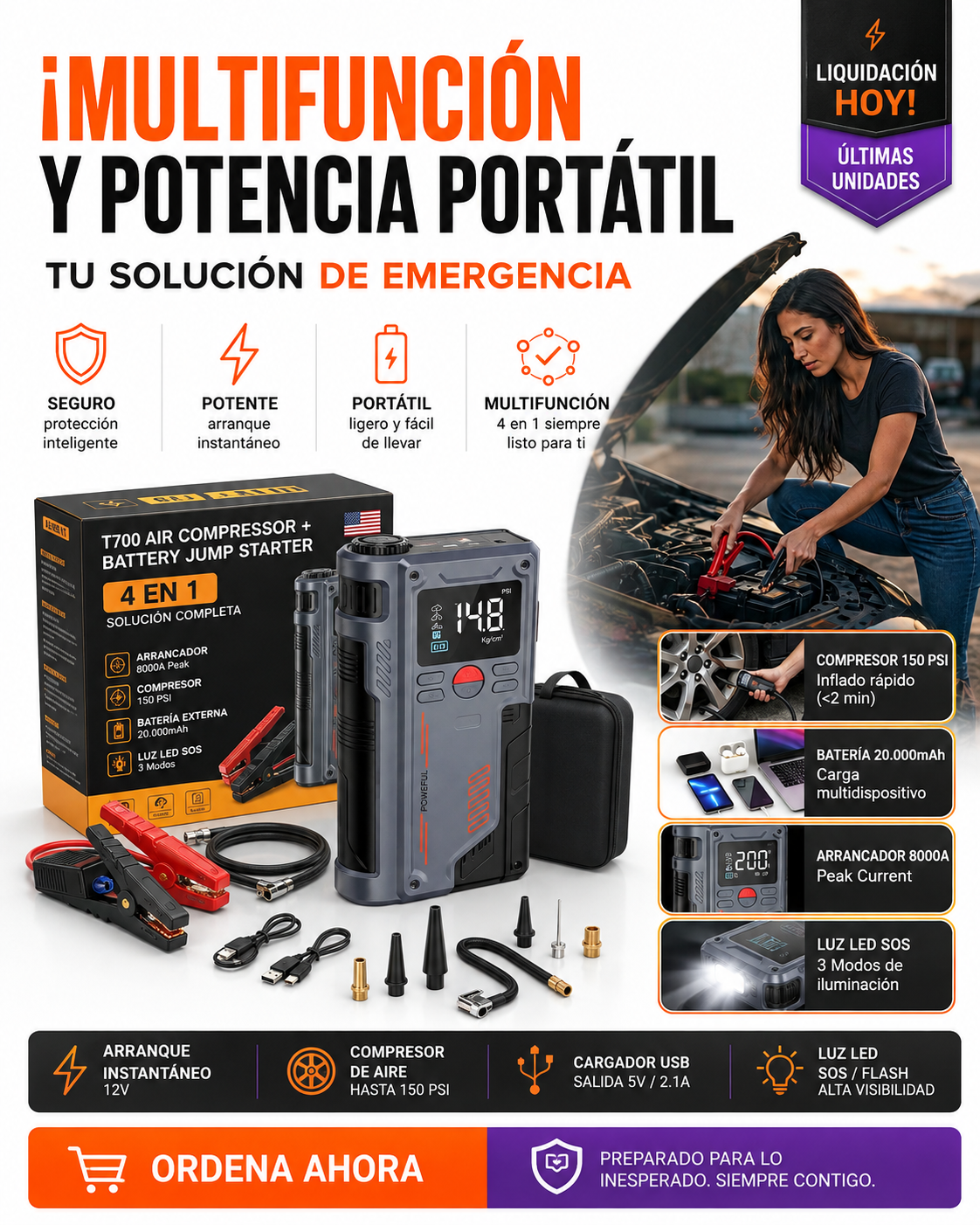 Arrancador De Batería Compresor De Aire 4 En 1